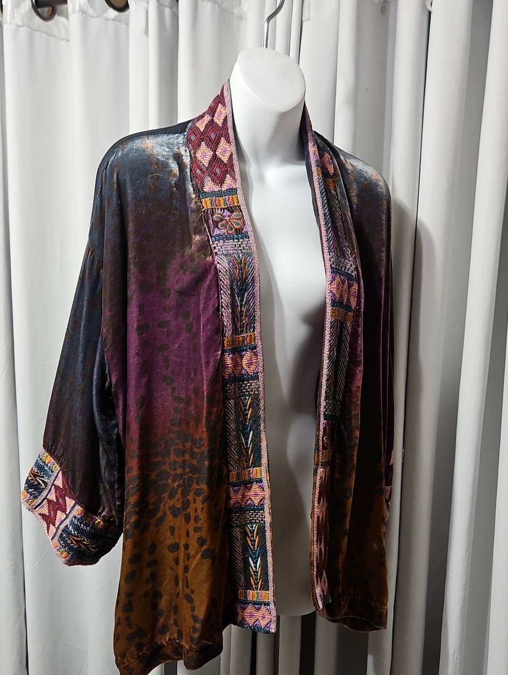 Johnny Was Silk Blend Velvet Ombre Leopard Embroidered Kimono Jacket M